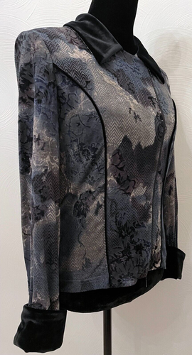 Cartise Womens Floral Mod Art Moto Jacket Size 8 Gray Velvet Faux Fur Trim - Picture 5 of 14