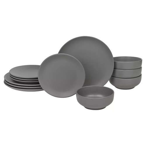12Pc Ceramic Dinner set Stone Dinnerware Crockery Plates Bowls Dining Set Grey