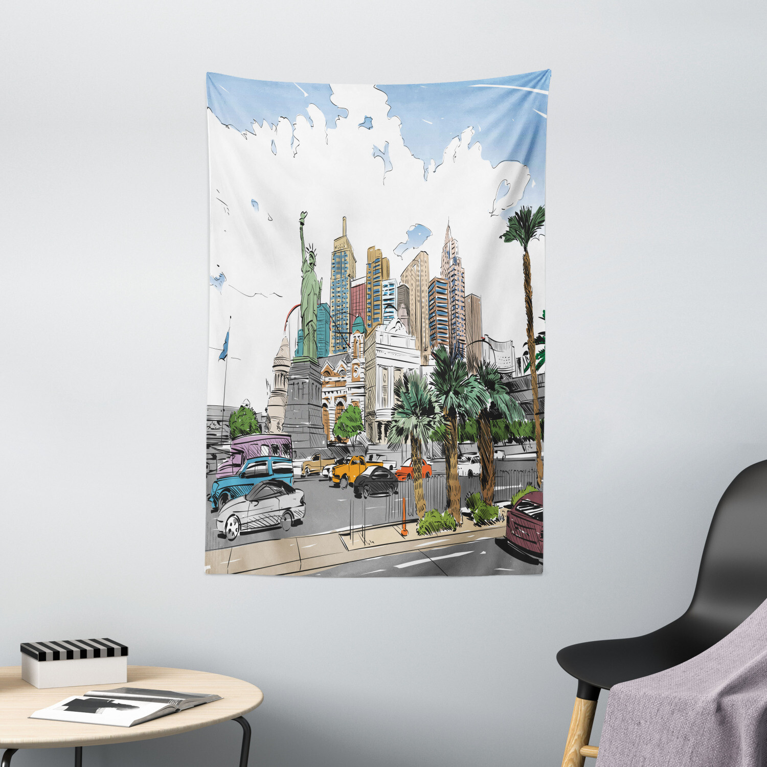 USA Tapestry Las Vegas Street Sketchy Print Wall Hanging Decor