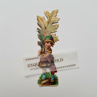um 1900 Mädchen Kind Blatt Eiche Baum Glanzbild Prägedruck Ephemera Luxuspapier