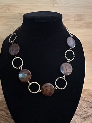 Express Gold Tone Circle Link Faux Tortoise Shell Round Flat Beaded Necklace 22 