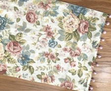 Table runner pink blue flowers ball trim, liner on the back, 14.5 x 42, handmade