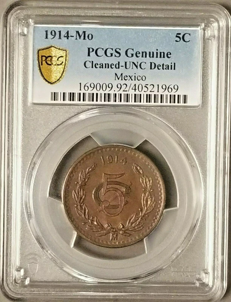 1914 Mexico 5 Centavos, PCGS "Cleaned-UNC Detail", Beautiful Toning, Well Struck - Image 4 of 4