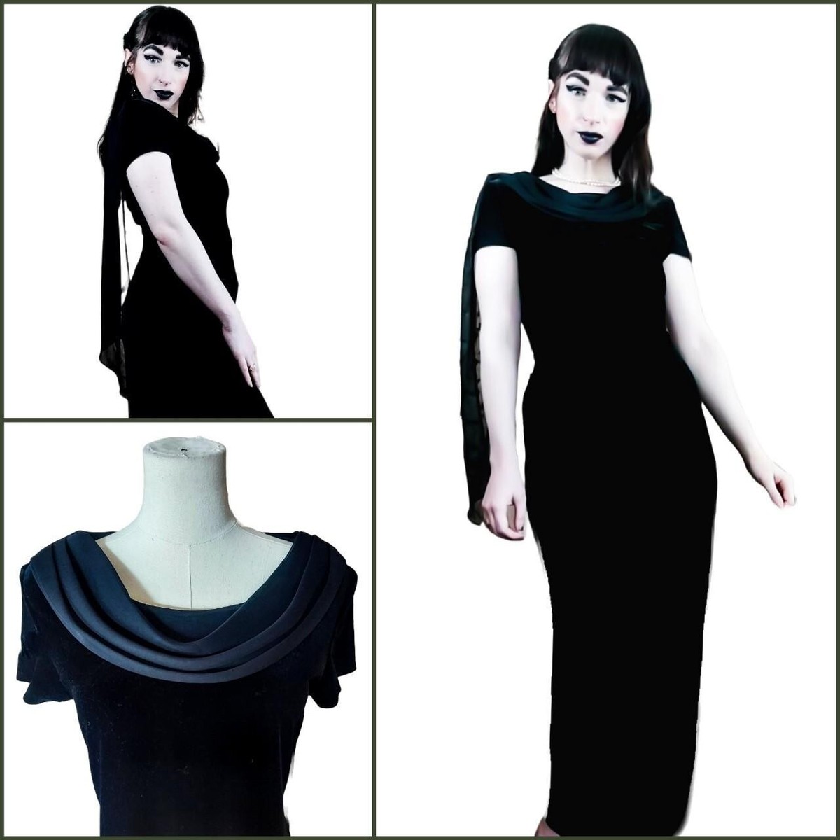 Vintage 1990s Black Velvet Scarf Formal Pencil Wiggle Prom Maxi Dress