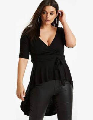 plus size dip hem top UK 26-28 womens slinky black belted party