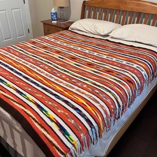 Vintage Southwest style hand knit afghan blanket with fringe 60"x 62"