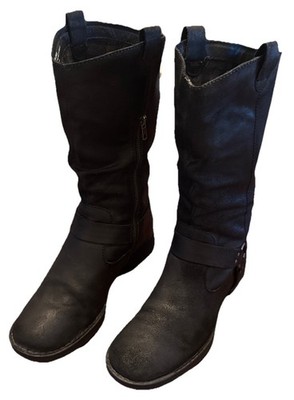 Born Womens Size 8M Black Leather Mid Calf Harness Moto Boots Side Zip Slouch