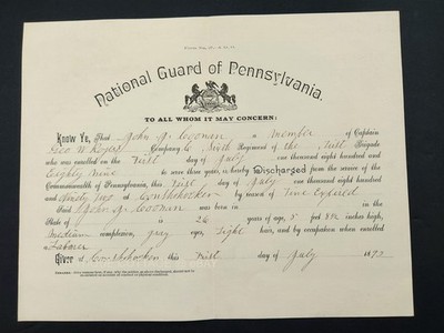 1892 antique NATIONAL GUARD PA DISCHARGE Co C conshohocken JOHN G COONAN royer