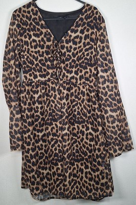 Threadbare Mini Brown Leopard Print Flared Chiffon Summer Dress, Size UK 10