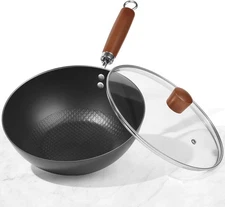Carbon Steel Wok Pan 10.5" Small Stir Fry Pan with Glass Lid Flat Bottom 2-3 Ser