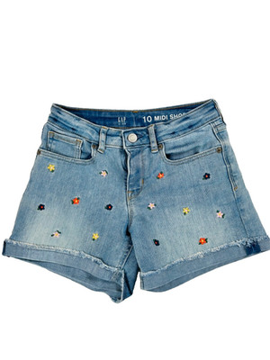 Gap Kids Midi Mid Rise Denim Jean Shorts Floral Embroidered SZ 10 Cuffed Cutoffs