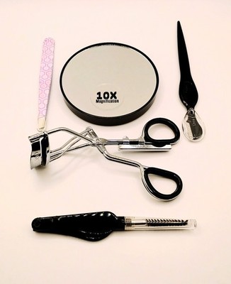Beauty 360 Eye Essentials Kit Eyelash Curler Tweezers Brow Brush Razor Mirror 