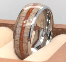 Deer Antler Ring Silver Tungsten Wedding Band Whiskey Barrel Wood Inlay Ring