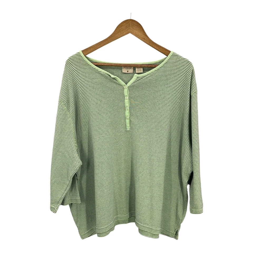 Camisa Mountain Lake Henley Mujer Algodón Preppy Verde Rayas Botón Top Talla 3X Foto 4 de 4