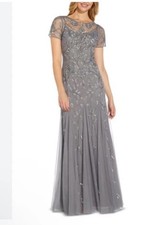Adrianna Papell Beaded Mesh Covered Gown Sterling MOB Size 10 New Tags