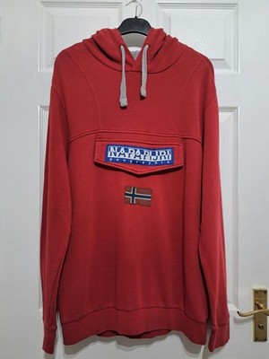 Napapijri Geographic Men's Hoodie Red Pullover Burgee Size XL Logo Chest Pocket