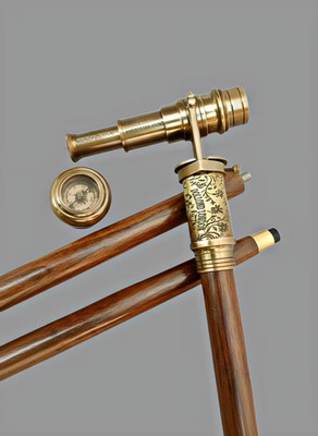 Brass Telescope Handle Wooden Walking Stick Foldable Brass & Wood Cane Vintage N