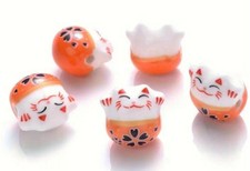 Ceramic Orange Lucky Cat Beads Lot Of 4 PC A1