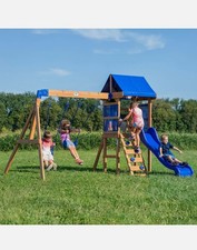 Wooden Swing Set Outdoor Kids Slide Backyard Playground Playset Rock Chalk Wall
