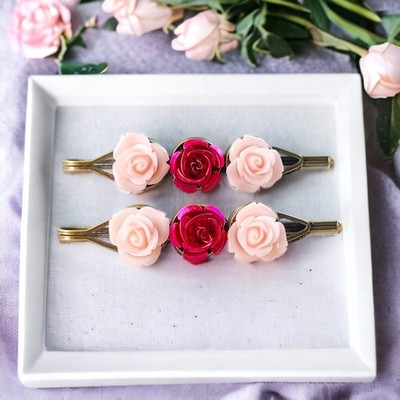Pink Rose Flower Hair Pin Womens Floral Bobby Pin Set of 2 Cute Boho Bridal Hair