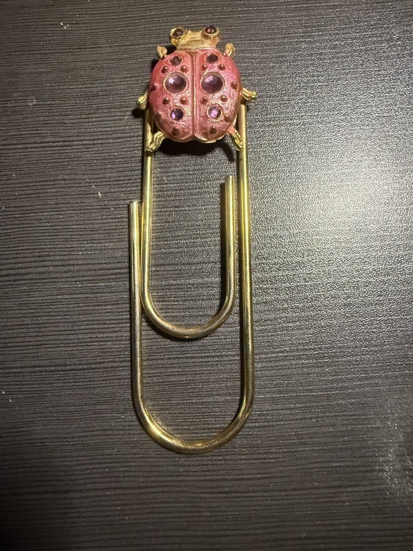 Vtg Pink Hallmark Ladybug Jumbo Paper Clip Bookmark Enamel Rhinestone Gold Tone