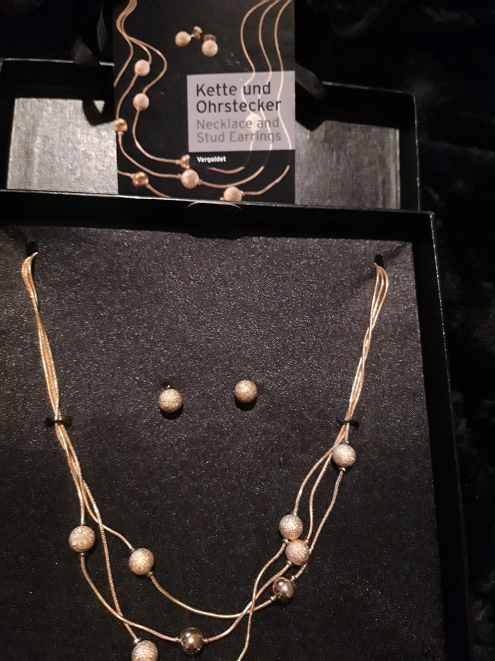 schmuck set vergoldet ohrstecker+3-strängige kette.elegant und edel⭐NAGELNEU+box