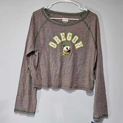 Box Seat Oregon Ducks Women XL Long Sleeve Crop Top Gray Green Puddles Mascot