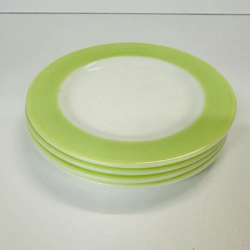 Lot of 4 Vintage Pyrex Lime Green Band Mid Century Modern 8" Plates Milk Glass