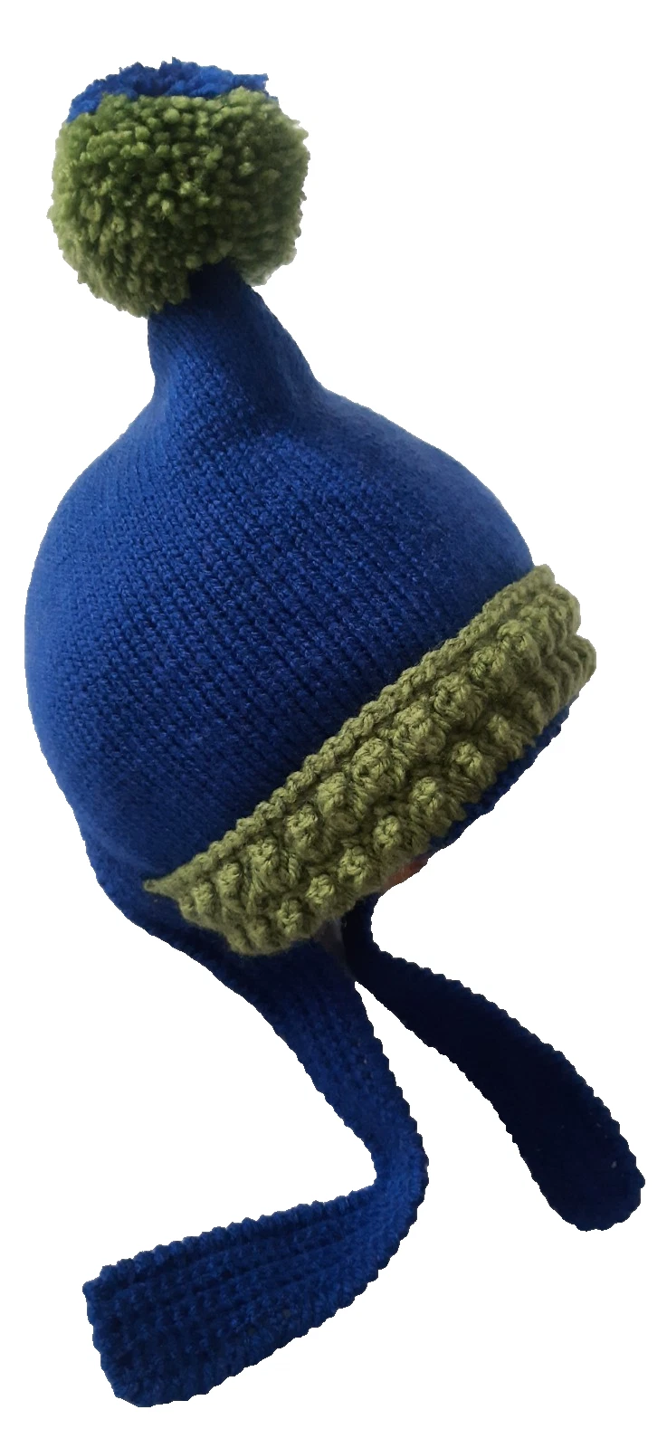 Knitted Baby Bonnet 0-3M Up to 36 Months Blue Green Pom Pom Hat Straps Handmade