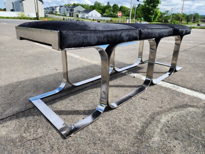 Post modern 3 seater black Horse hide With polished Chrome bench