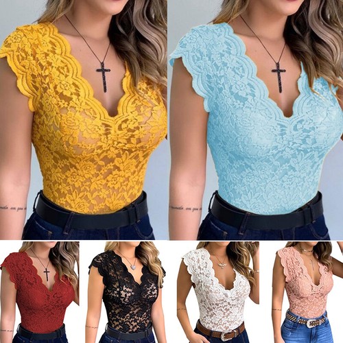 UK Women Sleeveless V Neck Lace Top Blouse Party Club Slim Shirt Bodysuit Romper - Picture 5 of 19