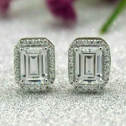 3.50Ct Emerald Cut Lab Created Diamond Halo Stud Earrings 14K White Gold Over