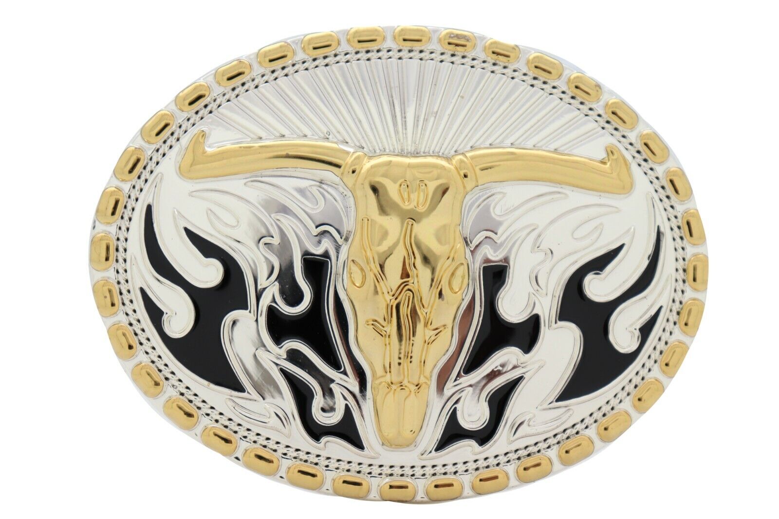 Men Belt Buckle Silver Metal Oval Western Fashion Gold Bull Skull Long Horn Fire