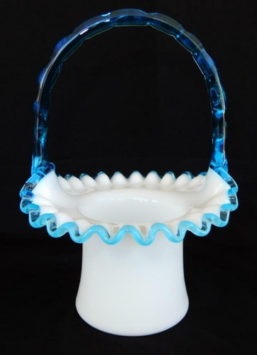 VTG Fenton Art Glass Aqua Crest Basket Applied Blue Bamboo Handle - Picture 2 of 12