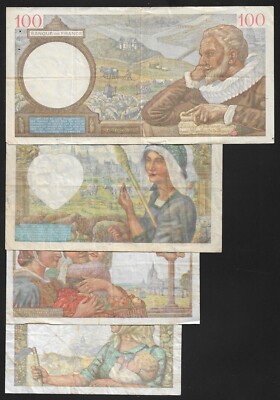 France WWII Era - 10/20/50/100 Franc Notes - 1940 to 1944