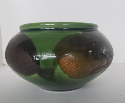 Plantadora de cerámica de estudio marrón/verde esmalte agrietado 6"" diámetro 4"" valle sin firmar - Imagen 5 de 10