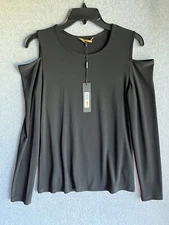 Donna Karan New York Blouse Womens Small Black Cold Shoulders Liquid Knit NWT