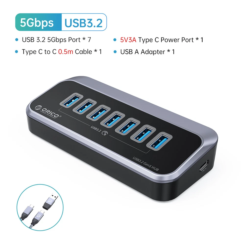 ORICO 4-Port USB 3.0 Hub with 1.64ft USB-C Cable and USB-A Adapter  