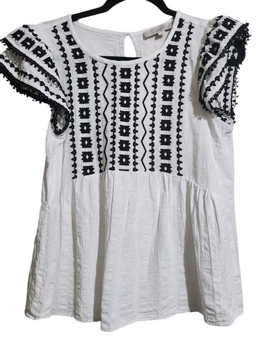 Ann Taylor Loft Crinkled White Top Damen XS Bluse Häkel Rüschenärmel Shirt