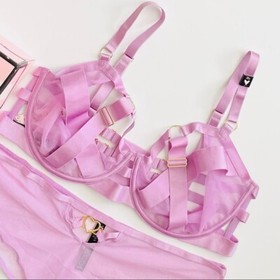34D SMALL Victoria&rsquo;s Secret lilac harness strappy bra set cheeky panty 