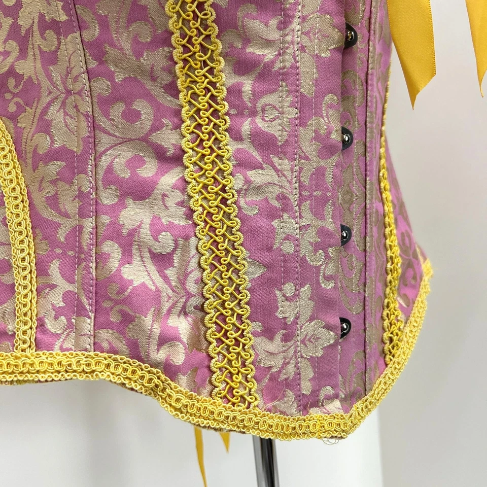 Corsé con cordones Bustier deshuesado satinado brocado rosa y dorado talla XL disfraz renacentista Foto 2 de 4