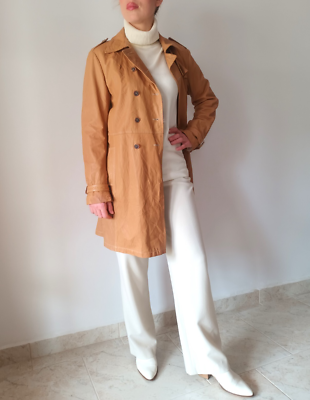 tobacco trench coat Jil Sander Womens Brown Leather Trench Coat Size M Tobacco Leather Midi  Overcoat