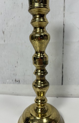 PAIR VTG POLISHED BRASS ALTAR CHURCH PILLAR MID-CENTURY CANDLESTICK W/ DRIP TRAY - Picture 11 of 22