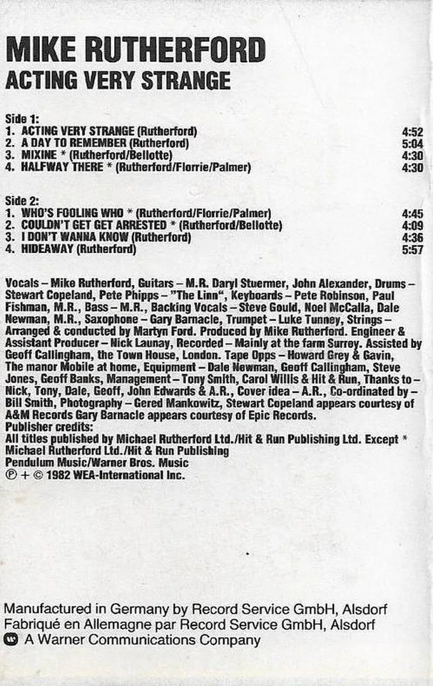 MIKE RUTHERFORD ACTING VERY STRANGE CASSETTE ALBUM GENESIS Pop Rock Prog Rock - Image 3 of 4