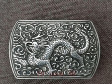 Collection China Tibet Silver Carving Dragon Statue Belt Buckle Decorations Gift