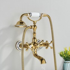 Polished Gold Wall Mount Clawfoot Bath Tub Faucet with Hand Shower Mixer Tap