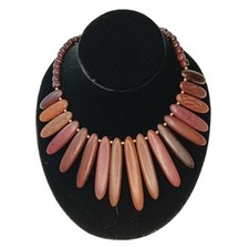 Polished Exotic Wood Necklace Graduated Oval Brown Wooden Beads 18" Long Boho