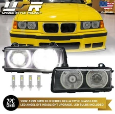 BRIGHTEST LED Angel Halo + x4 H1 LED+ Euro GLASS Projector Headlight For BMW E36