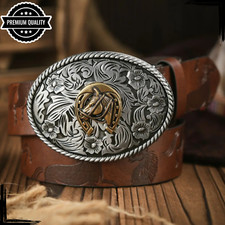 Mens Western Vintage Leather Belt Buckle Luxury High Quality Horse Dark Brown