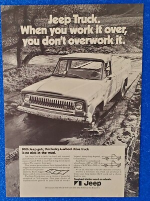 1972 JEEP 4 WHEEL DR PICKUP TRUCK ORIGINAL PRINT AD ''IT'S NO STICK IN THE MUD''